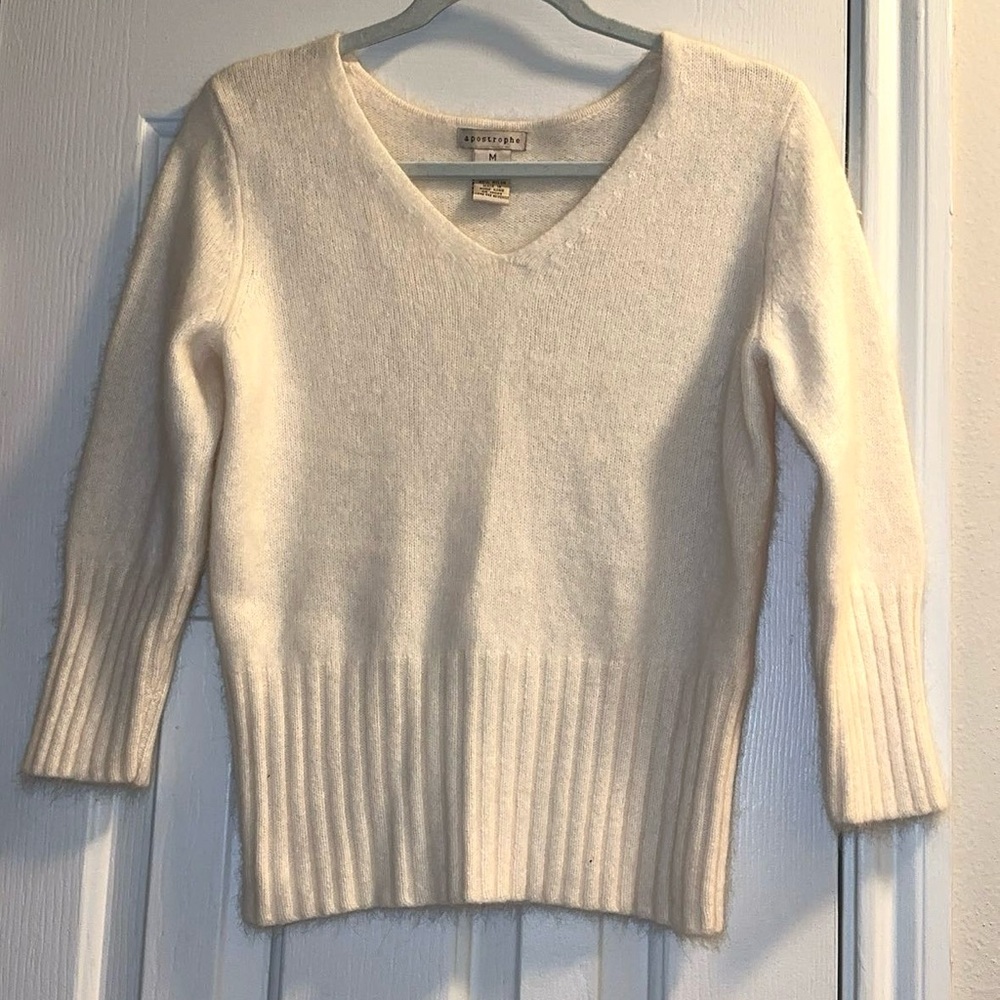 Vintage 90s Apostrophe Angora Blend Ivory Cream V-Neck Sweater